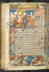 Dodaj MS 47680, f.40v, King (Alexander) i Arystoteles wręczający list do posłańca, z Secretum Secretorum
