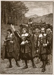 Przejście Przymierza przez granicę do Anglii, ilustracja z Cassells Illustrated History of England (zdjęcie w sepii)
