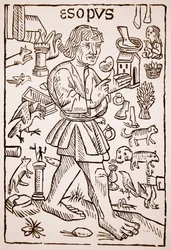 Ezop, frontyspis do Bajek Ezopa autorstwa Williama Caxtona (ok. 1422-91), 1434 (zdjęcie w sepii)