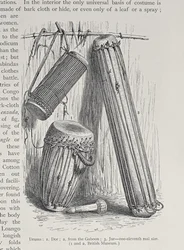 Bębny afrykańskie, z „Historii ludzkości”, t. III, autorstwa prof. Friedricha Ratzela, 1898