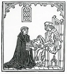 Alexander Barclay prezentuje swoją książkę swojemu patronowi Thomasowi Cornishowi, frontyspis do angielskiego przekładu „The Ship of Fools”, wydanie opublikowane w 1874 r.
