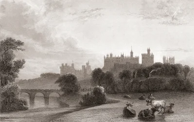 Zamek Alnwick, Alnwick, Northumberland, Anglia, na początku XIX wieku. Używany jako lokacja w filmach o Harrym Potterze. Z galerii portretów i pejzaży Churtona, opublikowanej w 1836 r.