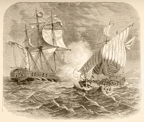 Okręt amerykańskiej marynarki wojennej chwyta algierski statek piracki u wybrzeży Barbary podczas pierwszej wojny na Barbary (litho)