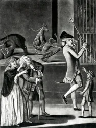 Wystawa dzikich zwierząt lub makaronów w opałach, 1774 (mezzotinta)