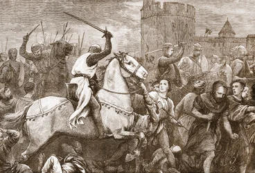 Wczesna papieska krucjata przeciwko waldensom, ilustracja z „Historii protestantyzmu” Jamesa Aitkena Wylie (1808-1890), wyd. 1878 (grawerowanie)