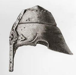 Hełm nosowy z początku XII wieku, z The British Army: Its Origins, Progress and Equipment , opublikowany w 1868 r.