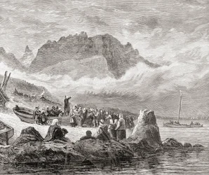 Nabożeństwo plenerowe na wyspie Skye na Hebrydach Wewnętrznych ze „Scottish Pictures Drawn with Pen and Pencil” Samuela G. Greena, opublikowanej w 1886 r.