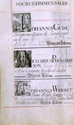 Archiwum 3693 f.60v Strona wymieniająca trzech dobroczyńców New College w Oksfordzie; Johannes Guise, Richardus Richardson i Johannes Wright, z Księgi dobrodziejstw, 16812-84 (pióro i atrament)