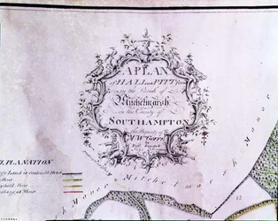 Archiwum 5629 Kartusz opisowy z mapy z napisem „Plan farm Hall i Pitt w parafii Mitchelmarsh w hrabstwie Southampton, własność pana W. Goffe, autorstwa Richarda Randalla, geodety”.