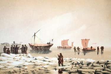 Arctic Travelling, ilustracja z Voyage do Baffins Bay i Barrow Straits..., 1852 (ręcznie barwiony grawer)