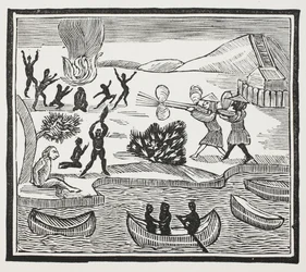 Przybycie dzikusów z więźniem chrześcijańskim, ilustracja z ksiąg rozdziałów XVIII wieku autorstwa Johna Ashtona, wyd. 1882