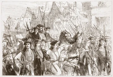 Przybycie teologów wittembergowskich do Lipska, ilustracja z Historii protestantyzmu Jamesa Aitkena Wylie (1808-1890), wyd. 1878