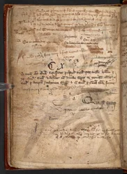Arundel 292, f.114v, Rękopis z wieloma próbami pióra, ilustrujący, jaką barierą dla masowego czytania i pisania było gęsie pióro (pióro i atrament na papierze)