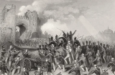Napaść na Delhi i zdobycie Kaszmirowej Bramy 14 września 1857 r., z „Historii indyjskiego buntu” opublikowanej w 1858 r.