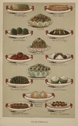 Różne dania warzywne, z „Rodzinnej księgi kucharskiej i sprzątającej pani Beeton”, autorstwa Isabelli Mary Beeton