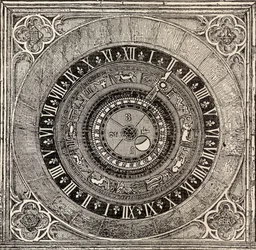 Zegar astronomiczny w pałacu Hampton Court, z Historii pałacu Hampton Court w Tudor Times autorstwa Ernesta Law, opublikowany w Londynie 1885