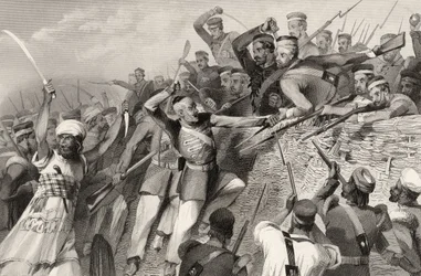 Atak buntowników na baterię Redan w Lucknow, 30 lipca 1857, z „Historii buntu indyjskiego”, opublikowanej w 1858