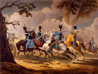 Piechota austriacka broniąca swojej artylerii przed huzarami pruskimi, z serii akcji kawalerii aliantów podczas kampanii napoleońskich wydana 1799-1802 (litografia ręcznie kolorowana)