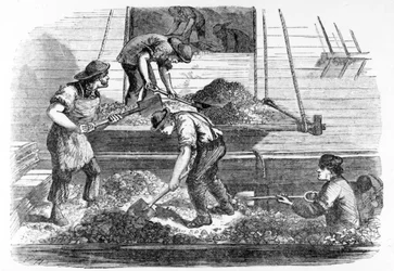 Podnośniki balastu przy pracy w basenie, ilustracja z „London Labor and the London Poor” Henry