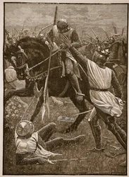 Bitwa pod Evesham: Król Henryk w niebezpieczeństwie, ilustracja z Cassells Illustrated History of England (zdjęcie w sepii)
