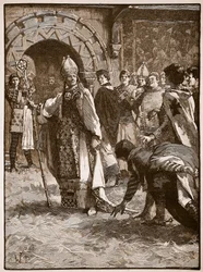 Becket przed swoimi wrogami w sali Rady w Northampton, ilustracja z Cassells Illustrated History of England (zdjęcie w sepii)