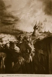 Płonące budynki gospodarcze we Flandrii podpalone przez niemiecki ostrzał pocisków, 1914-19