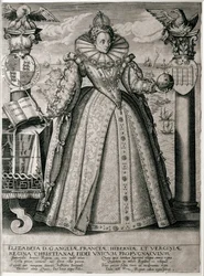 Frontyspis książkowy poświęcony królowej Elżbiecie jest szczęśliwe i dostatnie panowanie, 1596