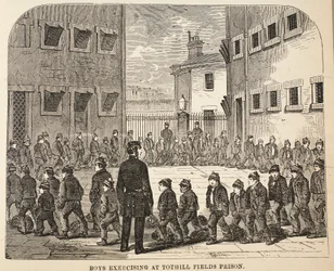 Chłopcy ćwiczący w więzieniu Tothill Fields, ilustracja z The Criminal Prisons of London i Scenes from Prison Life autorstwa Henry