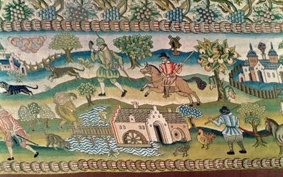 Bradford Table Carpet, fragment scen z życia na wsi, koniec XVI wieku