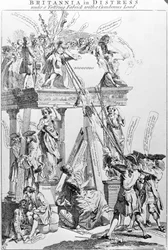 Britannia w niebezpieczeństwie pod miotającym się tkaniną z ciężkim ładunkiem, ok. 1756 r.
