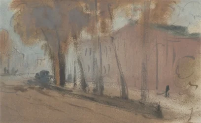 Budynek z drzewami (badanie dla Chelsea Embankment), wcześniej przypisywany J.M.W. Turner (1775-1851), a także przypisywany Peterowi de Wint (1784-1849), 1825-27 (olej na papierze)