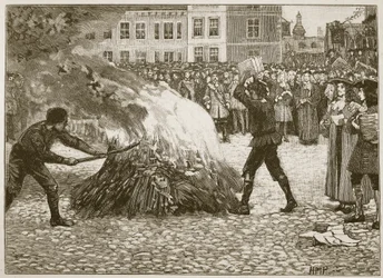 Broszura Burning of Blounts autorstwa kata, ilustracja z Cassells Illustrated History of England (zdjęcie w sepii)