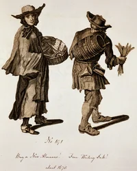 Kup nowy almanach! Świetny atrament pisarski!, ilustracja sprzedawców ulicznych około 1675