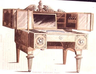 Szafka na ubrania, tabliczka 136 z „Repozytorium Sztuki, Literatury, Handlu, Manufaktur, Mody i Polityki” Ackermanna, opublikowana w 1824 r. (kolor lito)