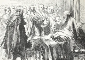 Kalwin przemawiający po raz ostatni na soborze, ilustracja z Historii protestantyzmu Jamesa Aitkena Wylie (1808-1890), wyd. 1878