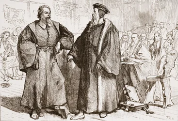 Kalwin i Serwet przed Soborem Genewskim, ilustracja z Historii protestantyzmu Jamesa Aitkena Wylie (1808-1890), wyd. 1878