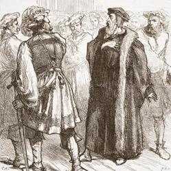 Kalwin przed swoimi wrogami w Radzie, ilustracja z Historii protestantyzmu Jamesa Aitkena Wylie (1808-1890), wyd. 1878