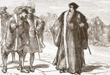 Kalwin znieważony przez libertynów na moście Rodanu, ilustracja z Historii protestantyzmu Jamesa Aitkena Wylie (1808-1890), wyd. 1878