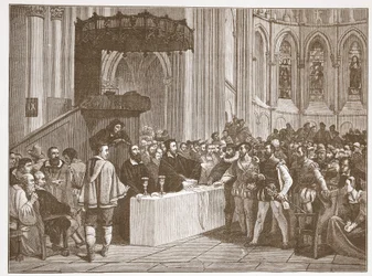 Kalwin odmawiający Wieczerzy Pańskiej libertynom, w katedrze św. Piotra w Genewie, ilustracja z Historii protestantyzmu Jamesa Aitkena Wylie (1808-1890), wyd. 1878