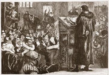 Kalwin zagrożony w kościele w Rive, ilustracja z Historii protestantyzmu Jamesa Aitkena Wylie (1808-1890), wyd. 1878