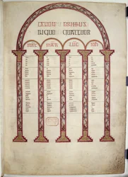 Tablice kanoniczne, ilustracja z „Ewangelii z Lindisfarne”, 710-21 (welum)