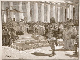 Caractacus przed Klaudiuszem, ilustracja z Cassells Illustrated History of England (zdjęcie w sepii)