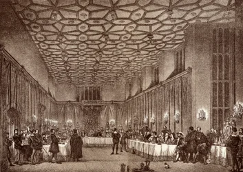 Kardynał Wolsey zabawiający francuskich ambasadorów w pałacu Hampton Court, z „Historii pałacu Hampton Court w Tudor Times” Ernesta Law, opublikowanej w Londynie 1885