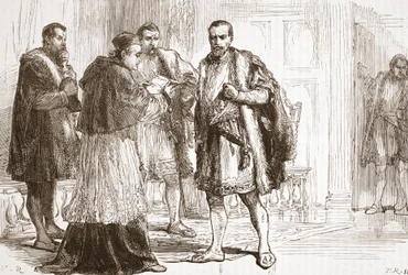 Kardynał de Tournon czytający protestancki plakat Franciszkowi I, ilustracja z Historii protestantyzmu Jamesa Aitkena Wylie (1808-1890), wyd. 1878