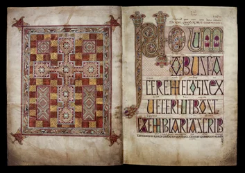Strona dywanu i strona incipitu wprowadzająca list św. Hieronima do papieża Damazego, Bawełna Nerona D. IV, f.2v i f.3r z Ewangelii Lindisfarne, 710-721 (welin)