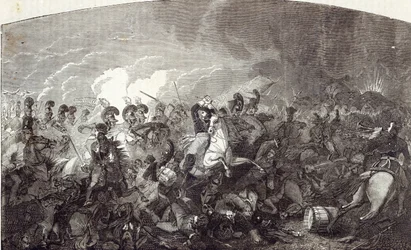 Szarża ciężkiej brygady lorda Somerseta pod Waterloo i całkowity pogrom armii francuskiej, ilustracja z „Ilustrowanej historii Anglii Cassella”