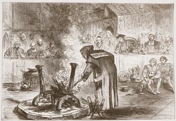 Charles ogląda „Gra masek”, ilustrację z „Historii protestantyzmu” Jamesa Aitkena Wylie (1808-1890), wyd. 1878