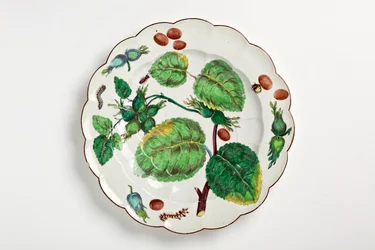 Talerz Chelsea ozdobiony botaniczną ilustracją orzechów, owadów i liści, 1755 (porcelana)