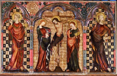 Chrystus w otoczeniu Najświętszej Marii Panny i św. Jana Chrzciciela, z ołtarza Ukrzyżowania (tempera na drewnie)
