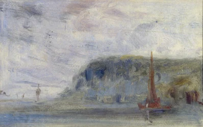 Wybrzeże z klifami i łodziami wcześniej przypisywanymi J.M.W. Turner (1775-1851), a także przypisywany Peterowi de Wint (1784-1849) (olej na papierze)